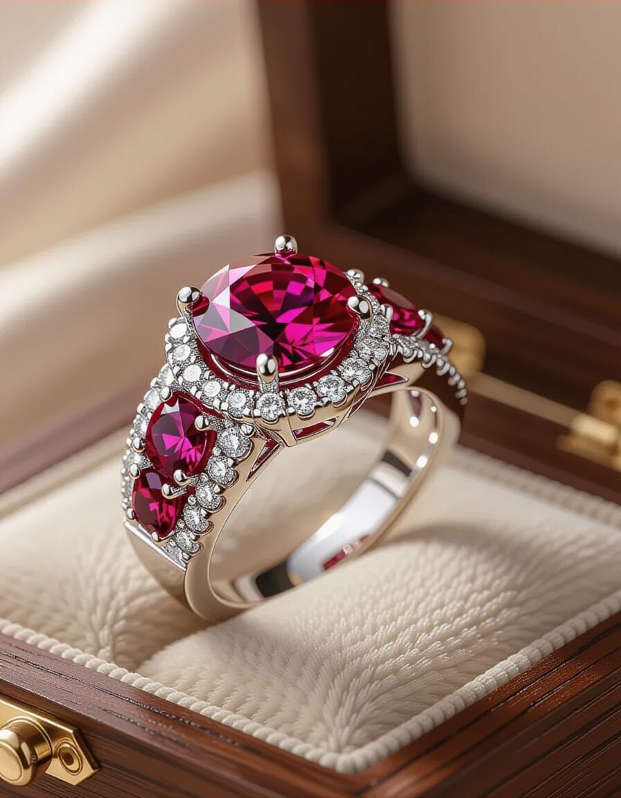 Intricately Designed Ruby and Diamond Wedding Ring