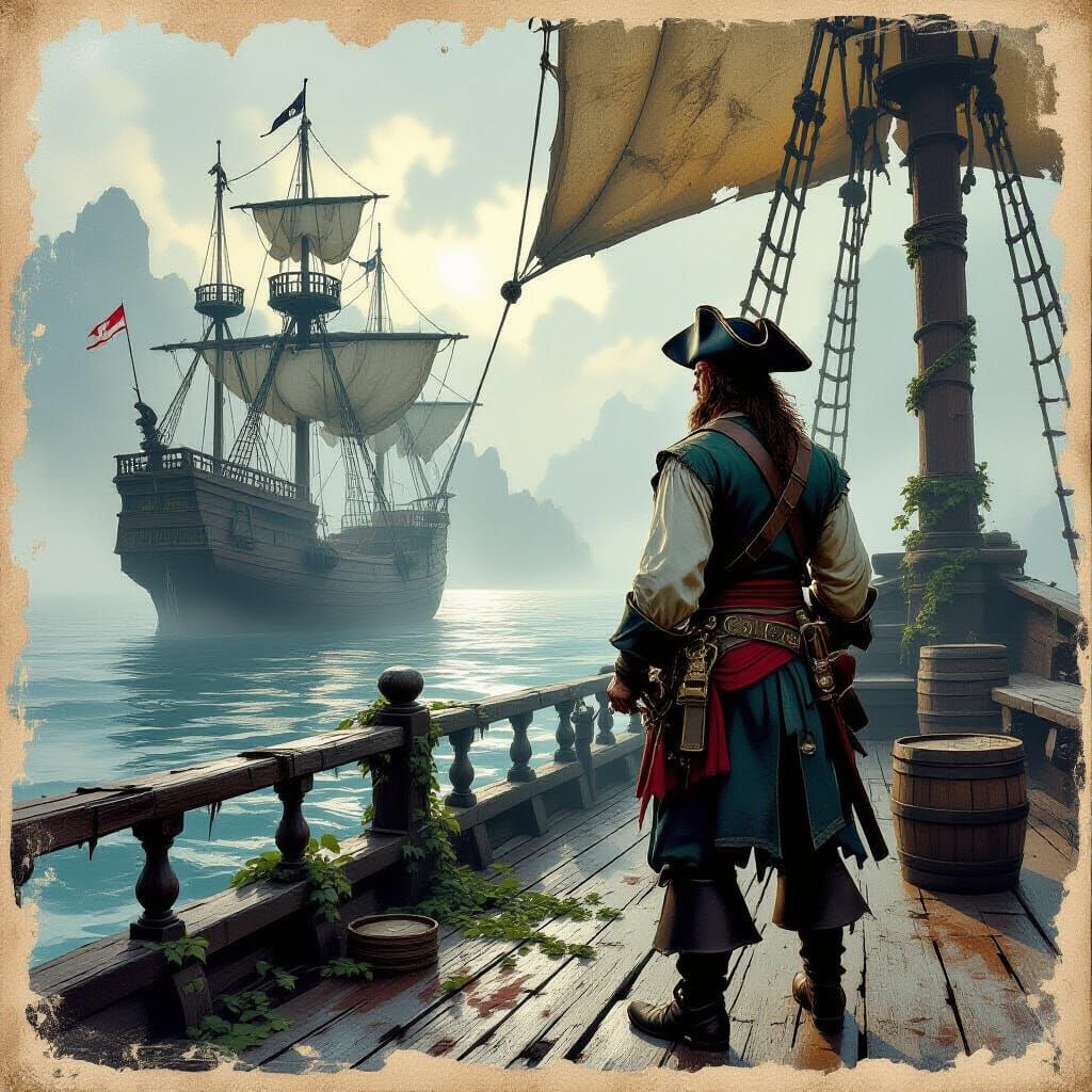 Pirate Captain on Spectral Galleon Views Island Ruin