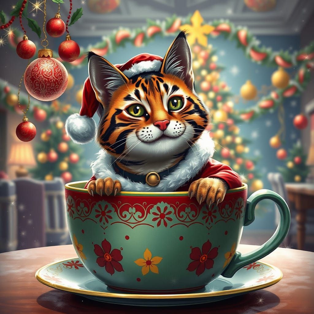 Surreal Tigré Cat in Santa Hat, Surrounded by Whimsical Chri...