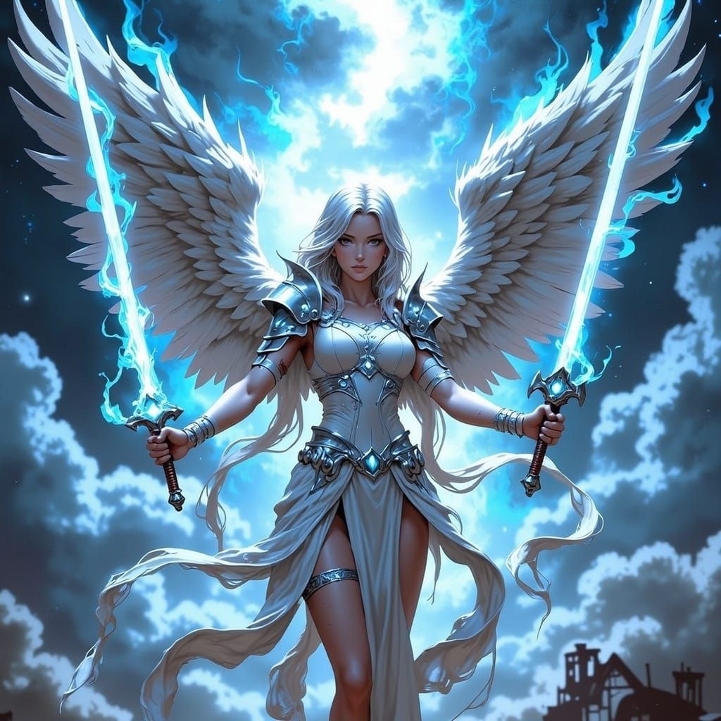 Fantasy Angel Warrior with Glowing Swords