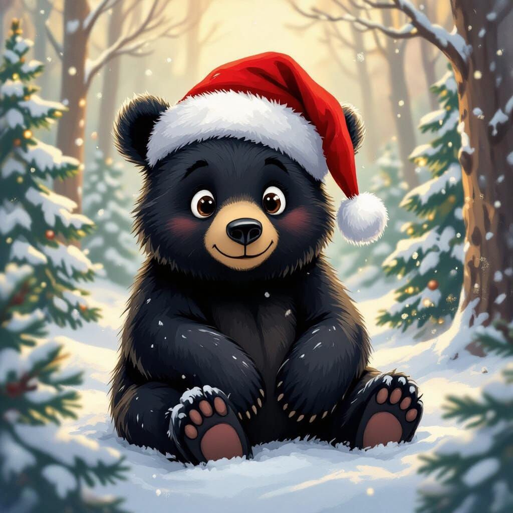 Jolly Black Bear in Snowy Forest, Storybook Style