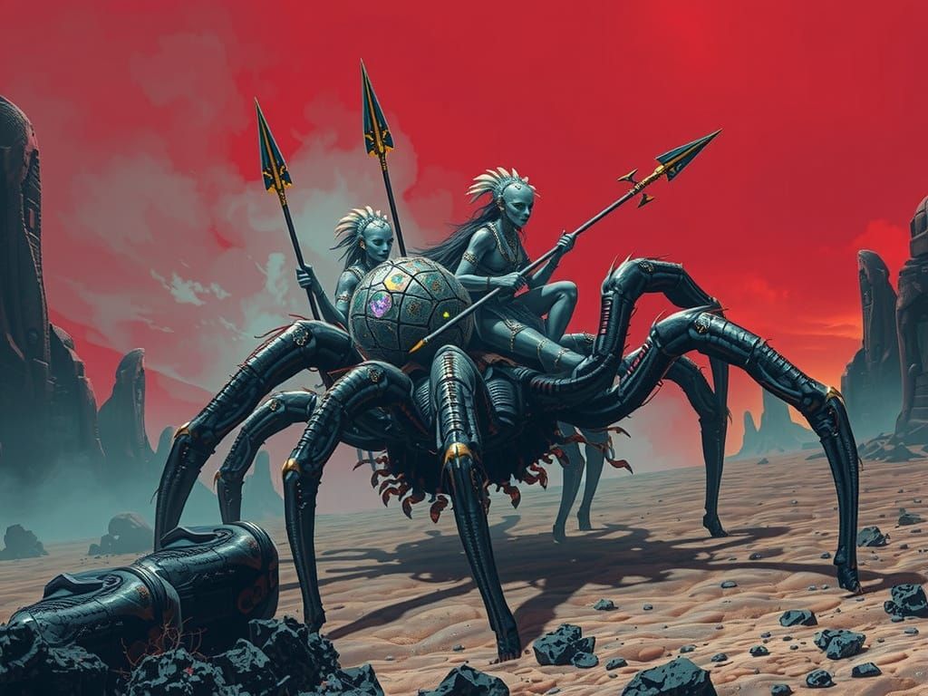 Humanoids Ride Giant Tarantulas in Stroboscopic Alien Landsc...