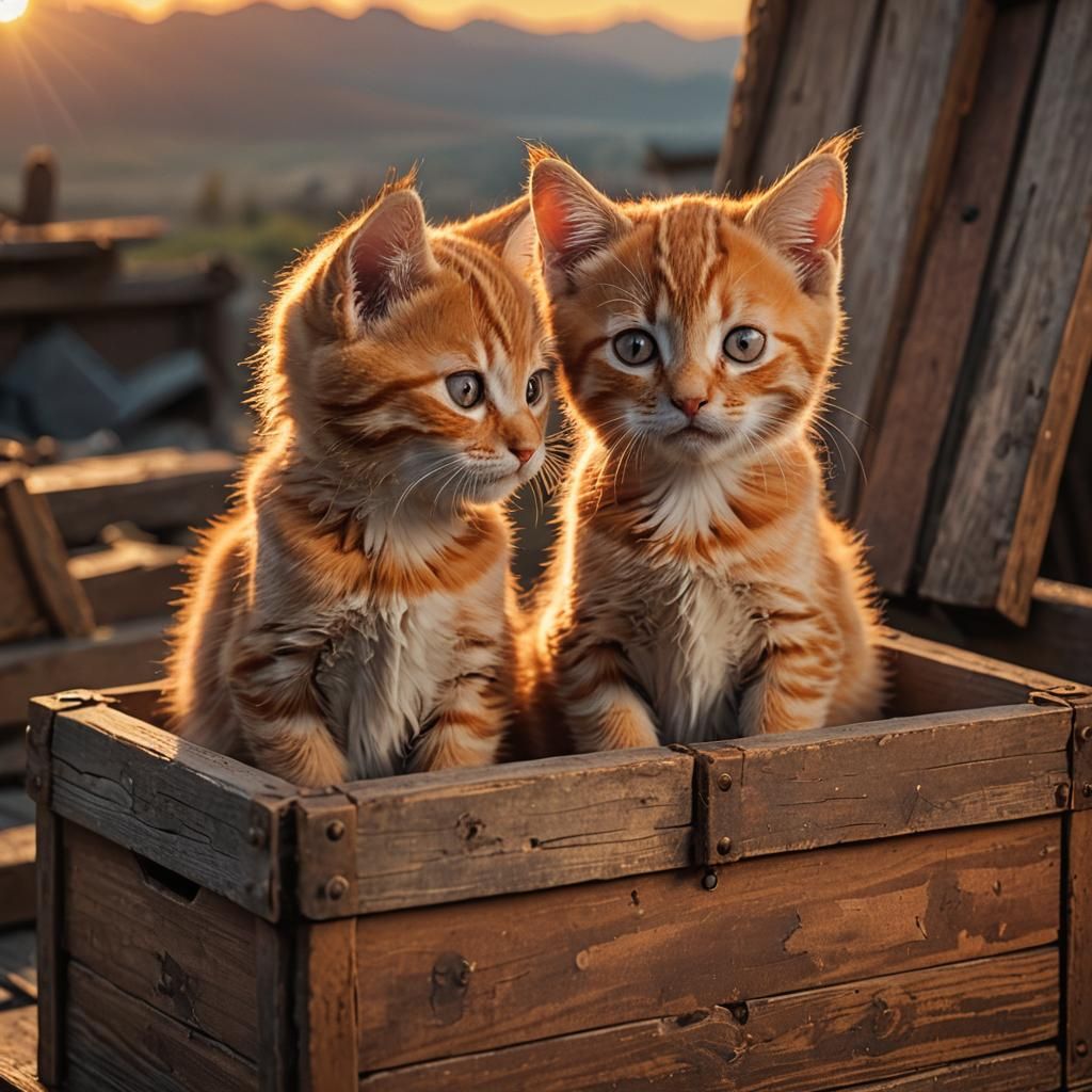 Orange Tabby Kittens in Box at Sunset