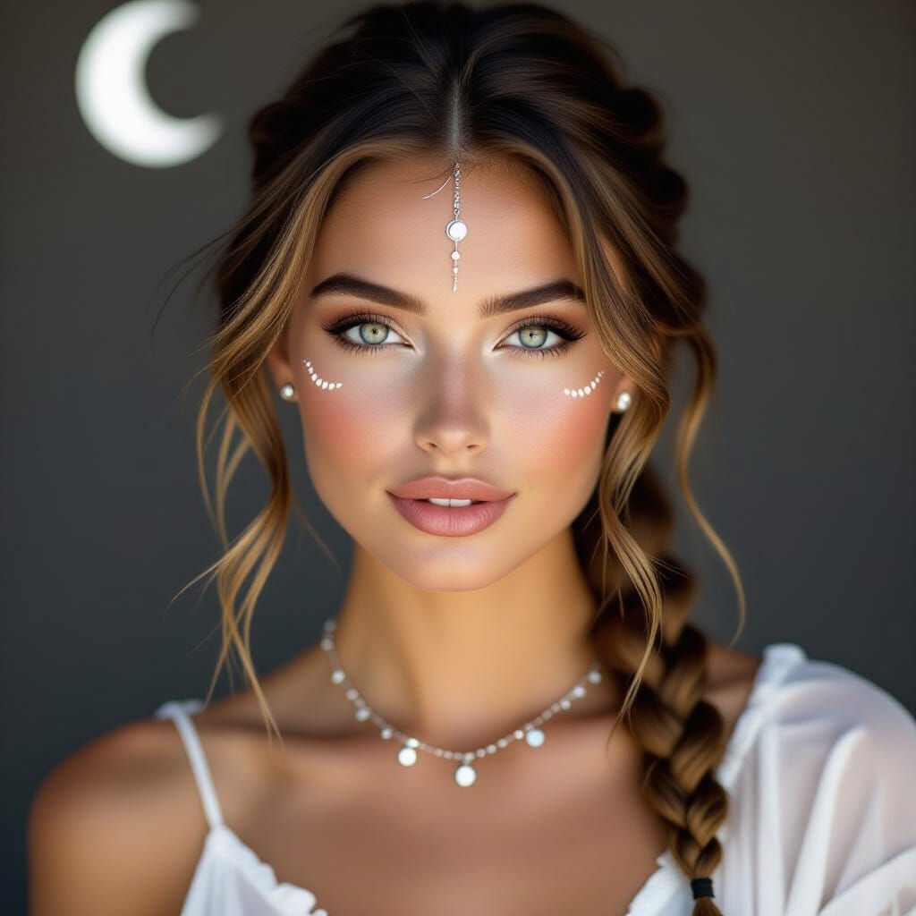 Moonlit Portrait: Woman with Golden Braid and Glowing Tattoo...