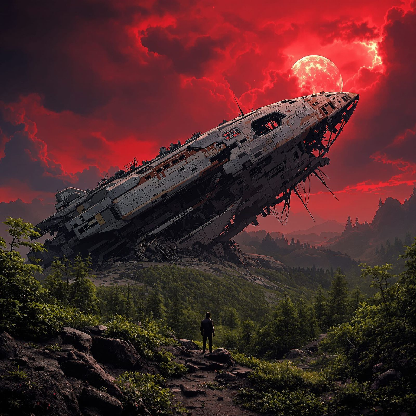 Surreal Post-Apocalyptic Landscape with Crimson Sky