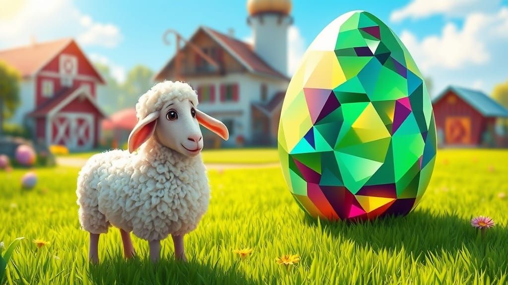 Pixar-Style Sheep Admires Glowing Easter Egg in Dreamlike Fa...