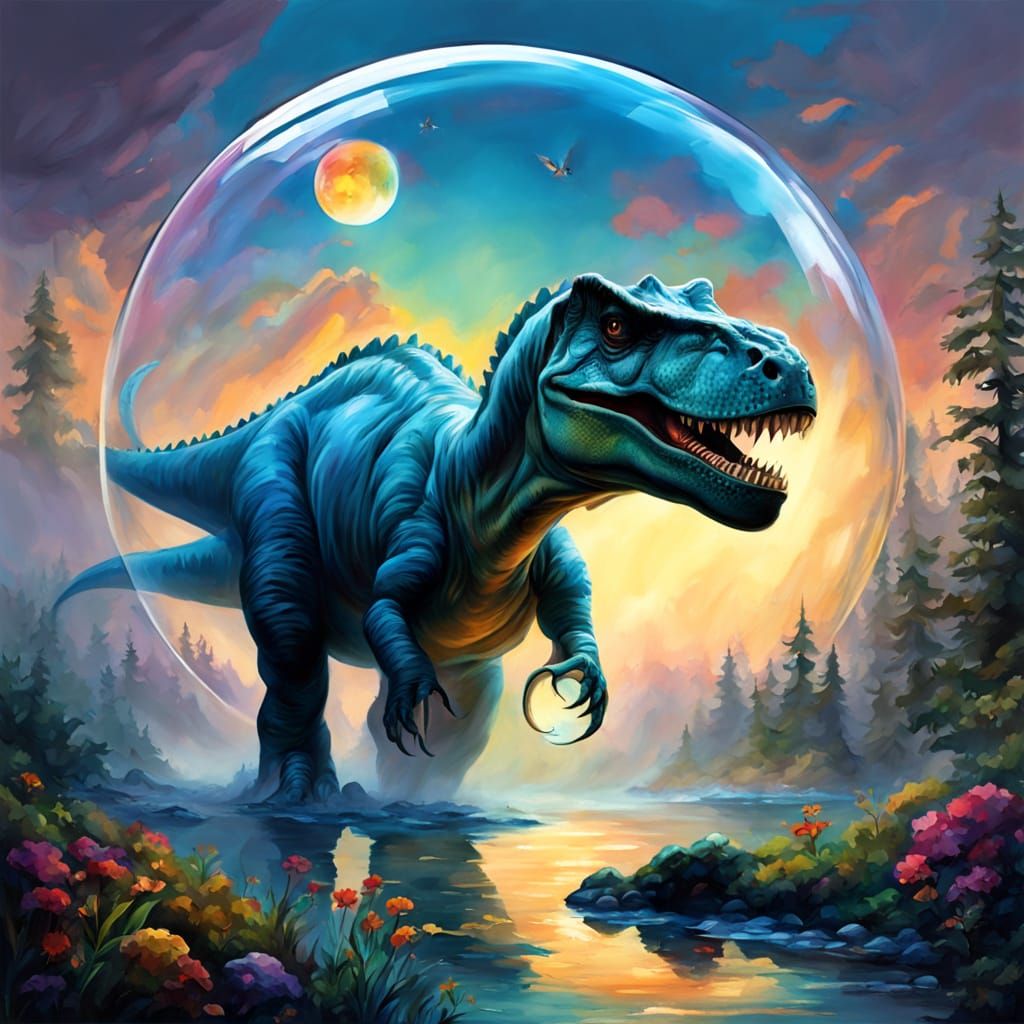 Dinosaur in Bubble: Ethereal Gouache Fantasy