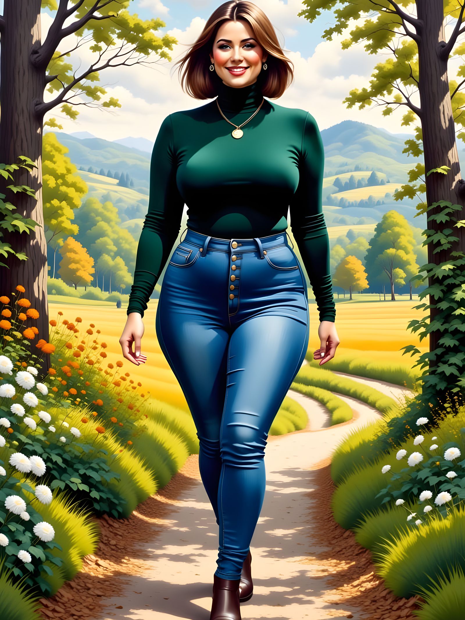 Curvy Woman in English Landscape as Detailed Painting