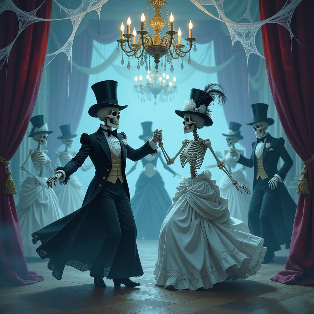 Dancing Skeletons in Grand Ballroom, Dark Fantasy Style