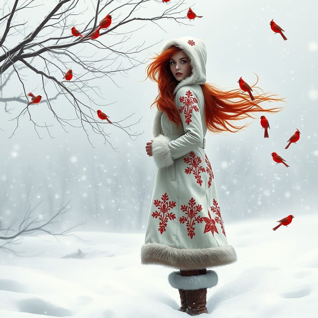 Ethereal Winter Scene with Red Haired Woman in Snowstorm