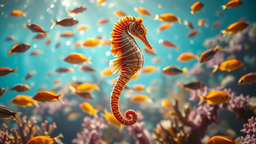Hyperrealistic Seahorse in Vibrant Underwater Realm
