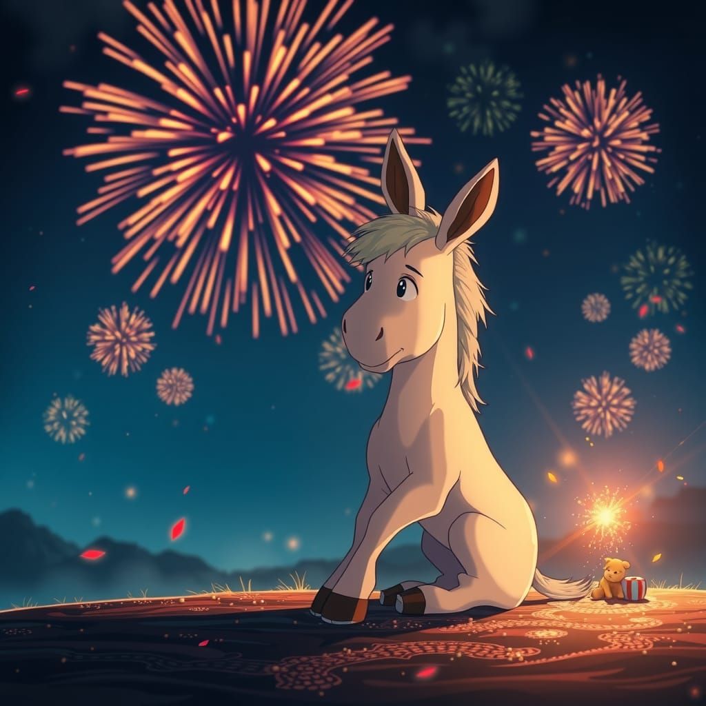Donkey Watches Fireworks in Anime Style