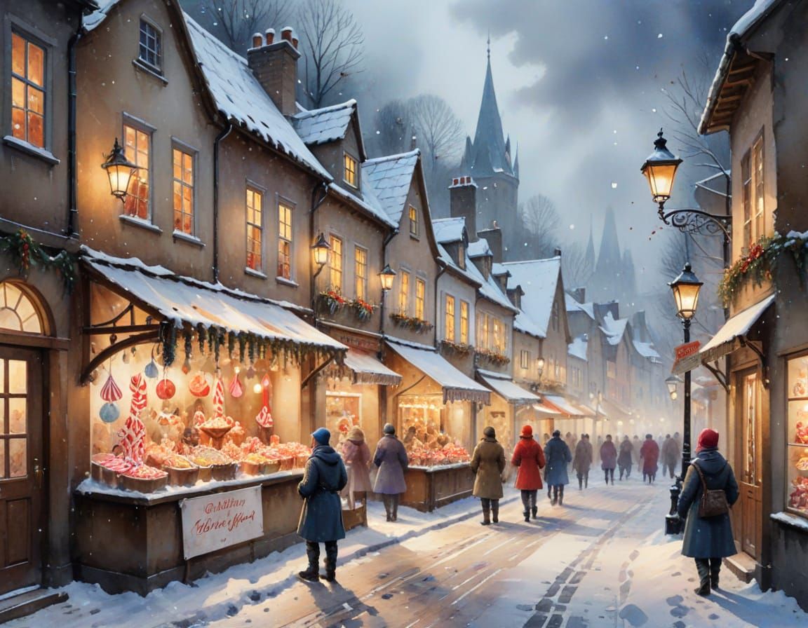 Gingerbread Bazaar Lane in Watercolor Style