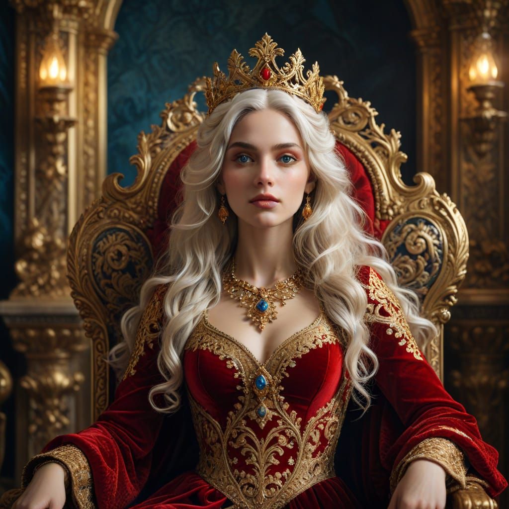 Regal Fantasy Queen in Golden Velvet and Crown