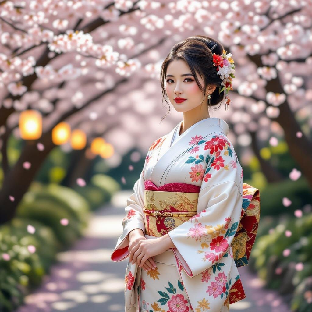 Woman in Kimono in Cherry Blossom Forest, Ukiyo-e Style