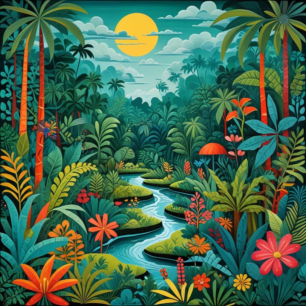 Lush Jungle Landscape in Naive Folk Art Style