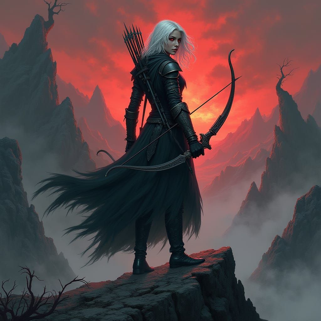 Dark Fantasy Dhampir Ranger Conquers Twisted Crimson Landsca...