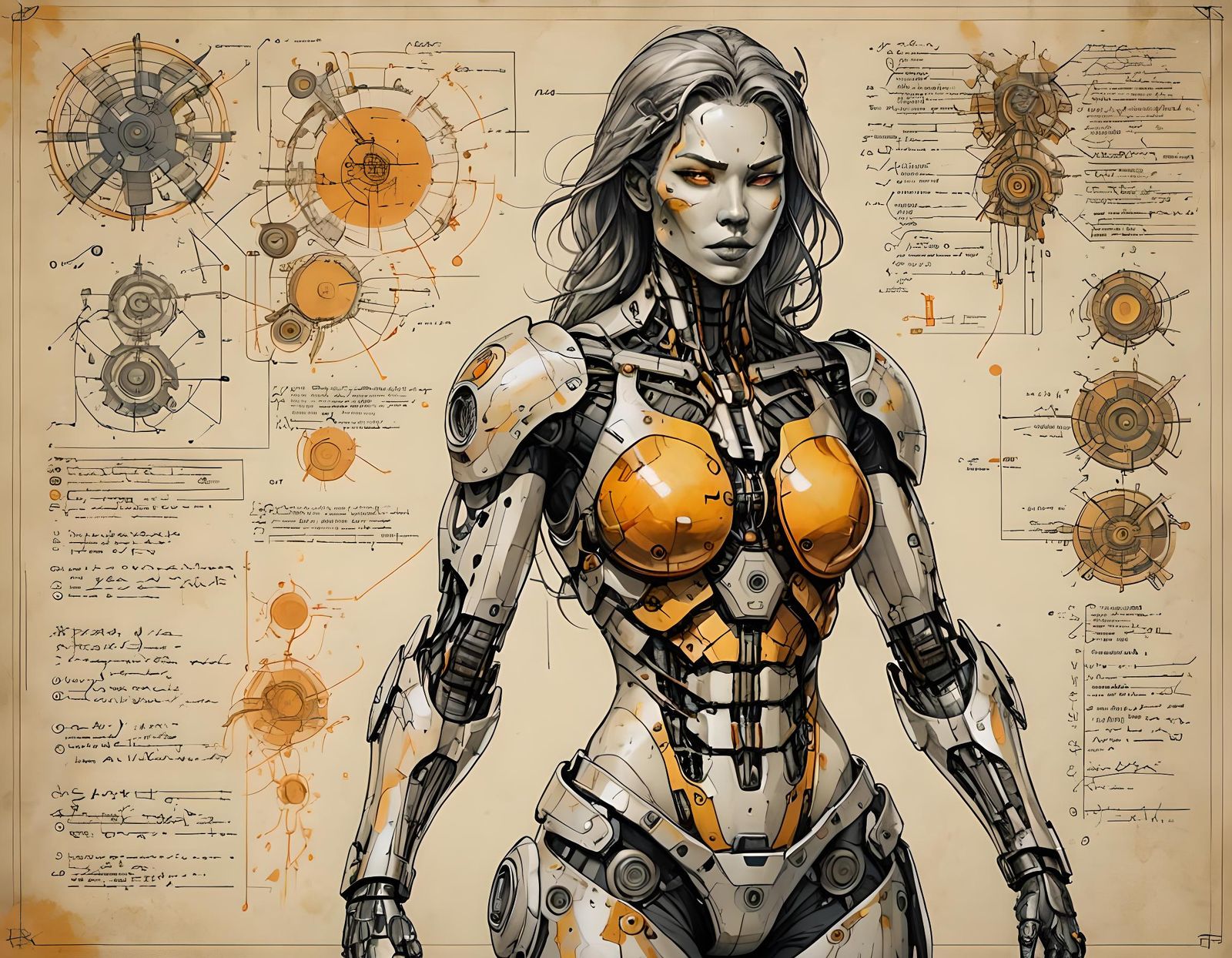 Detailed Schematic of a Female Cyborg in CAD Style