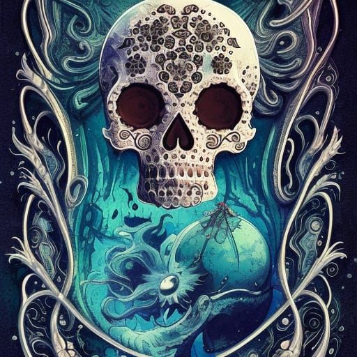 Elegant Skull in Liquid Gouache Painting