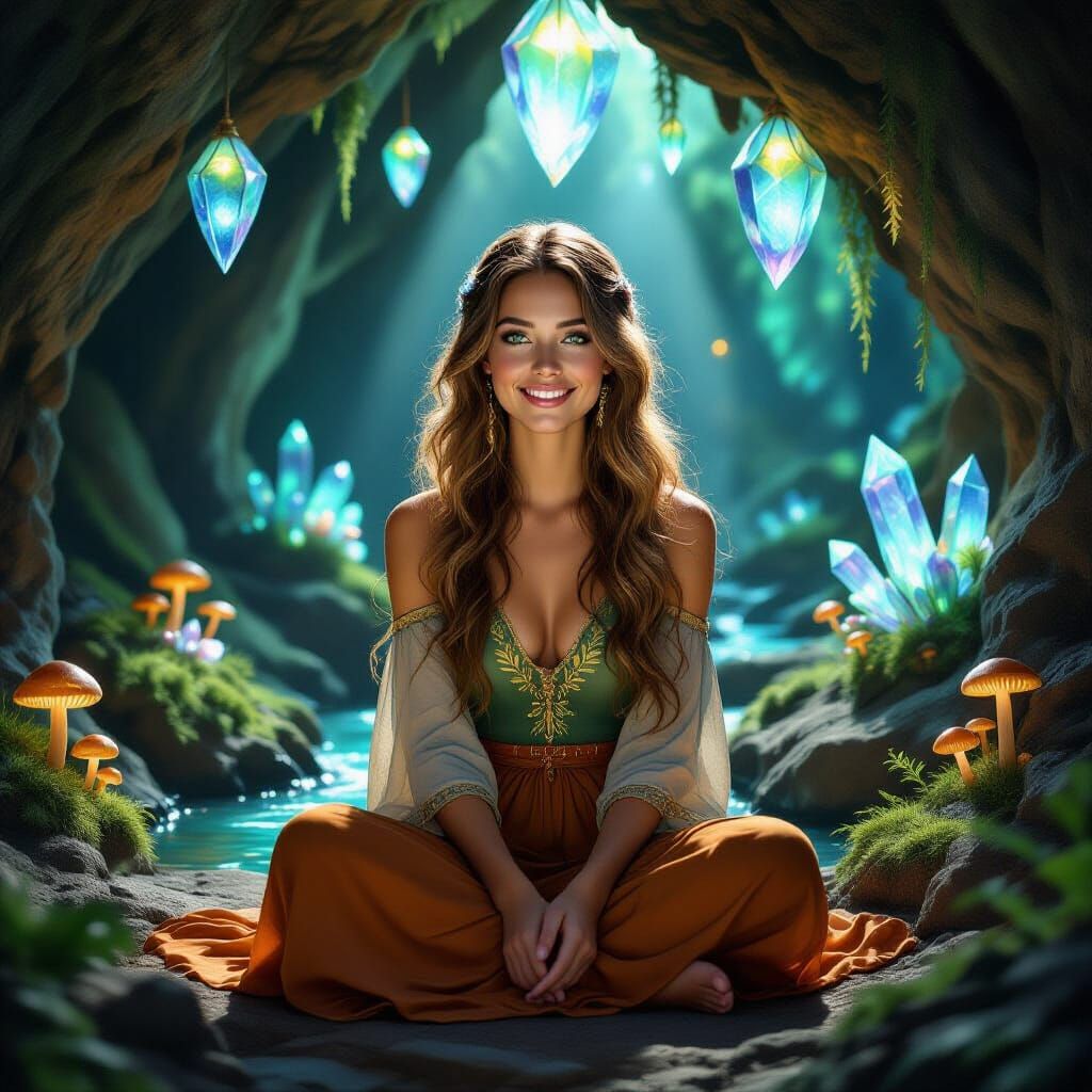 Woman in Mystical Cave with Animal Companions