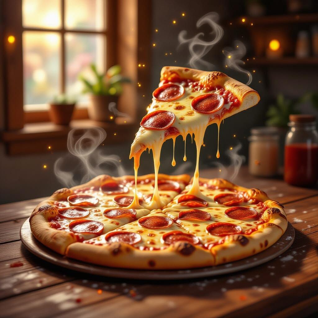 Magical Steaming Pepperoni Pizza Levitating in Ethereal Glow