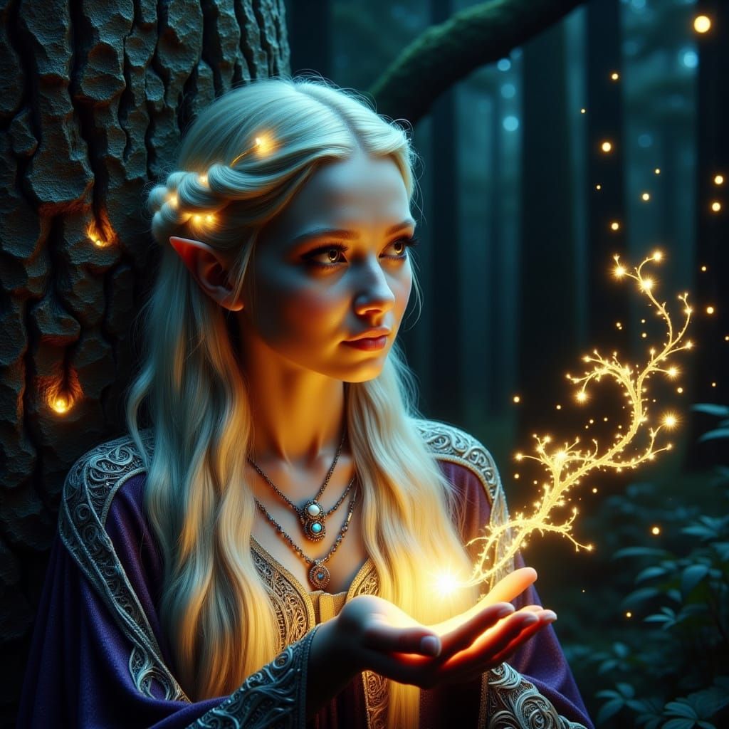 Ethereal Elven Lady Illuminates Ancient Woodland Classroom