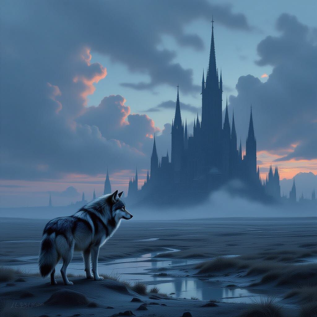 Melancholic Wolf Before Gothic City Spires in Twilight