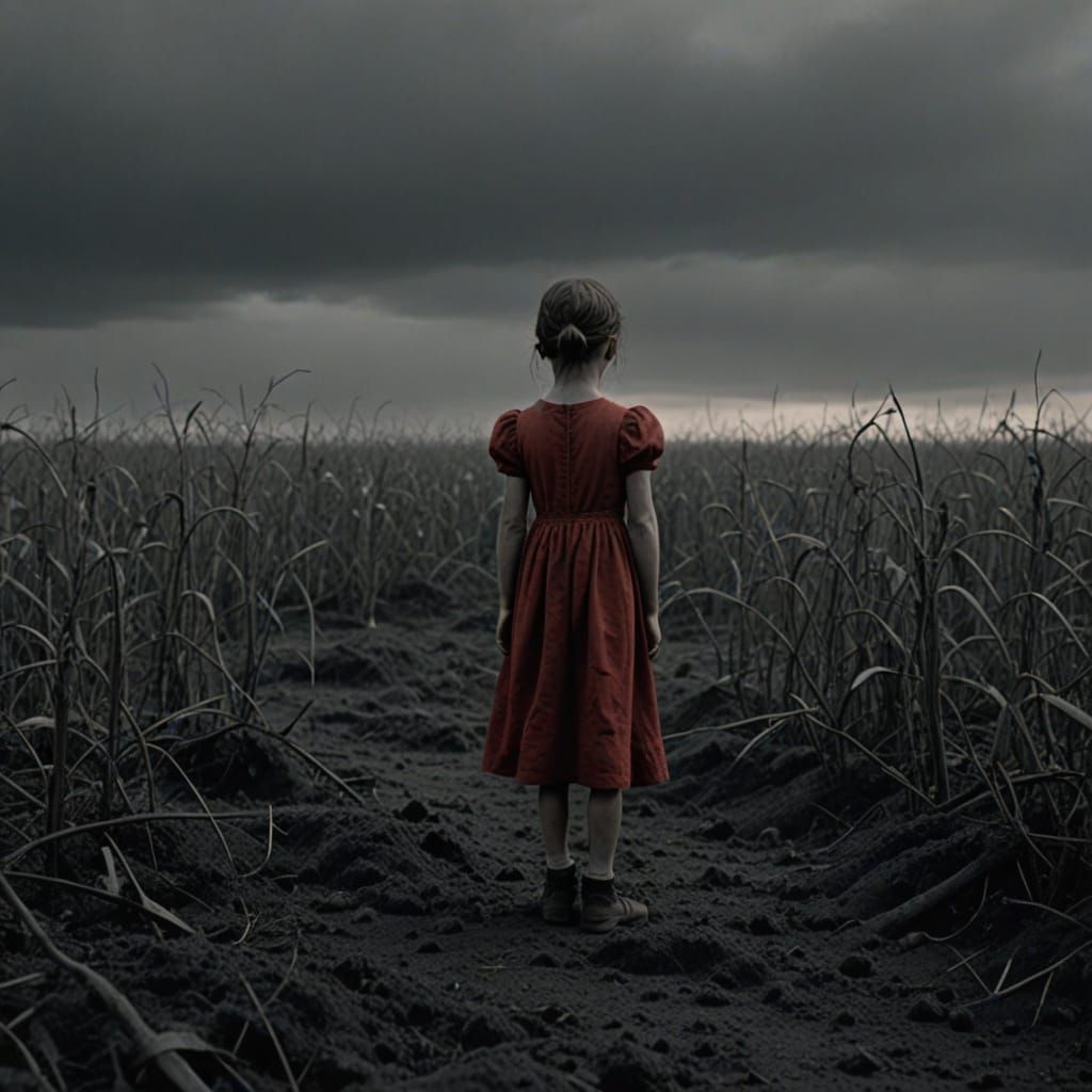 Child in Red Dress Amidst War's Gray Landscape
