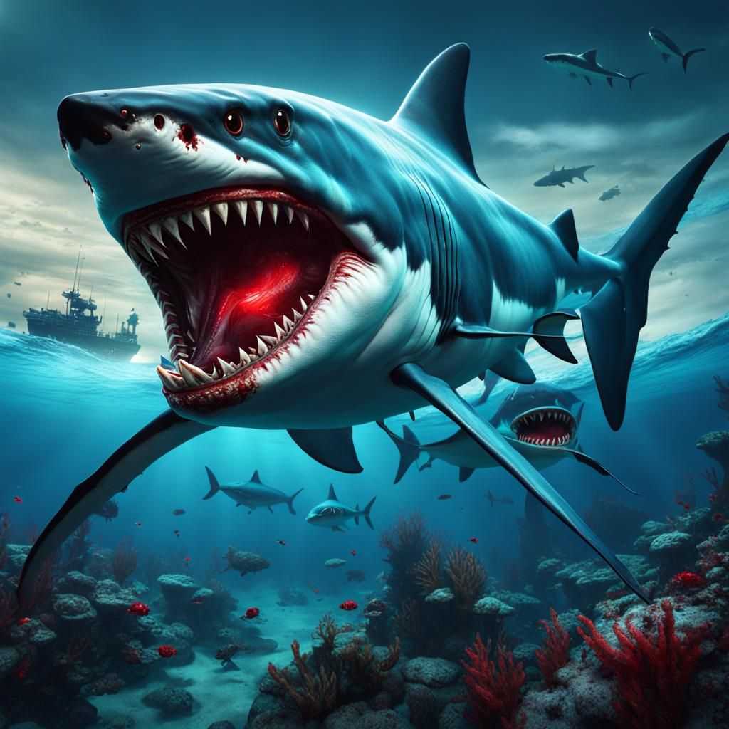 Zombie Sharks with Red Eyes: Detailed Matte Painting