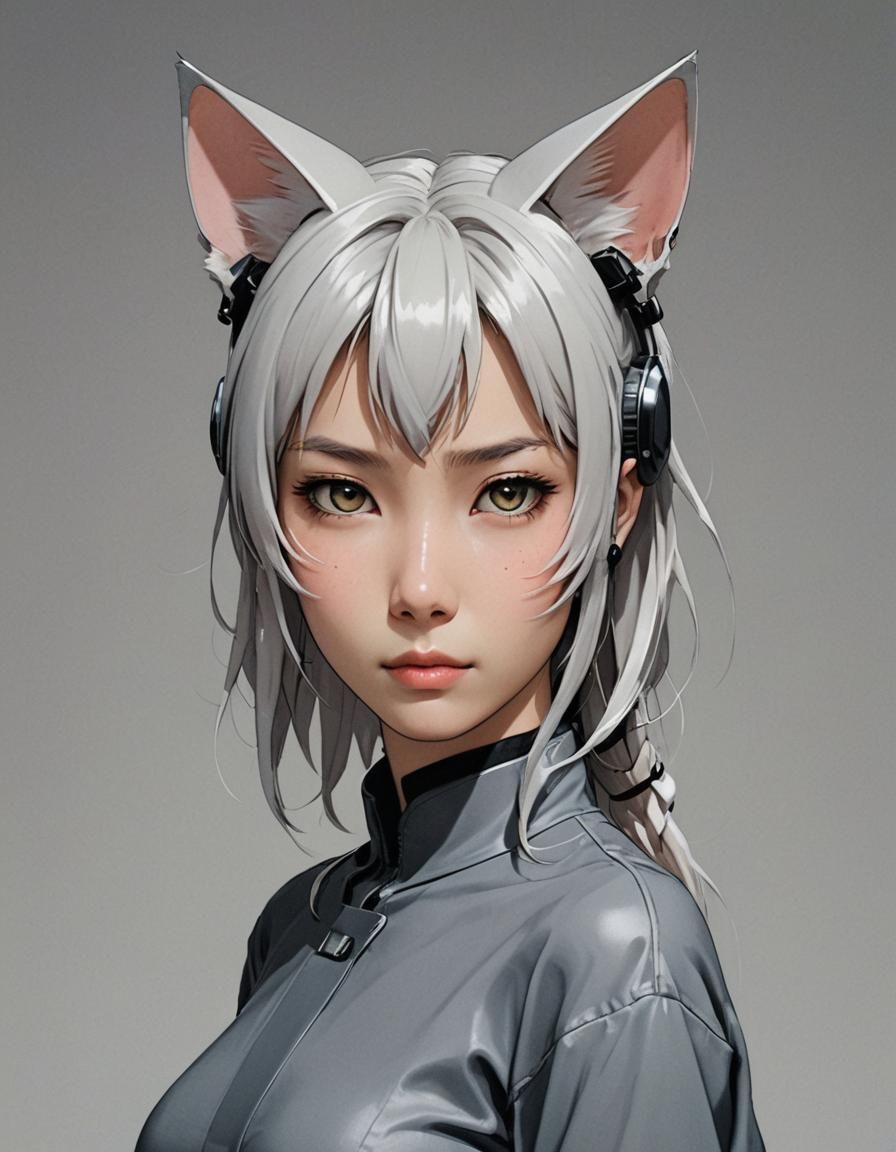 Matrix-Style Female Neko Character with Ears