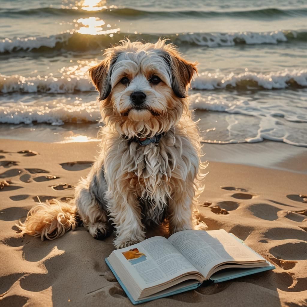 Havanese Dog Reading at the Seashore: Digital Pet Portrait