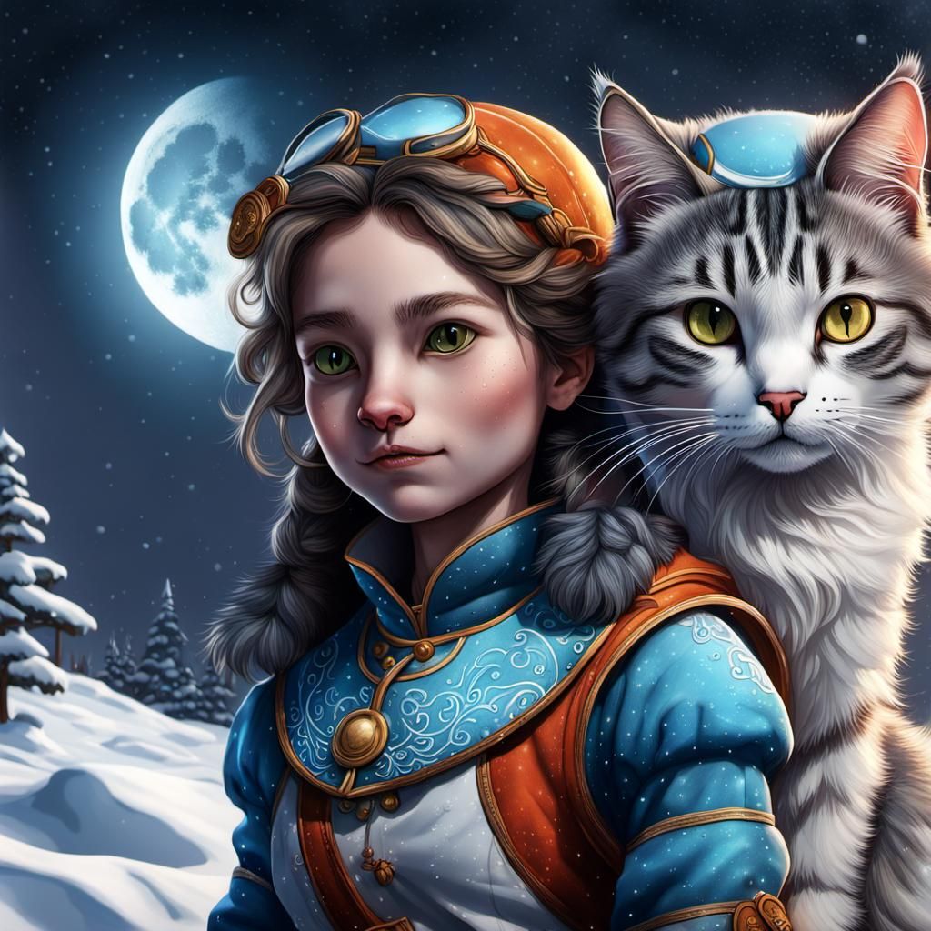 Cat in Snow Line Drawing, Detailed Matte Painting