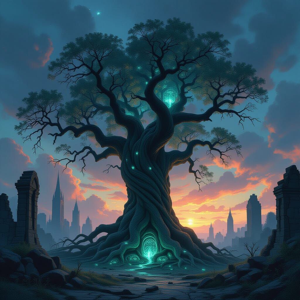 Ancient Tree and Gothic Ruins in Twilight Landscape