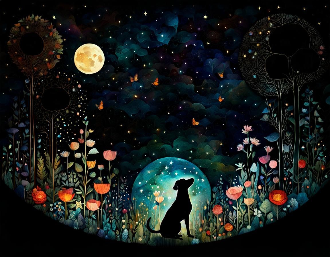 Dog in Night Garden: 3D Collage Folk Art