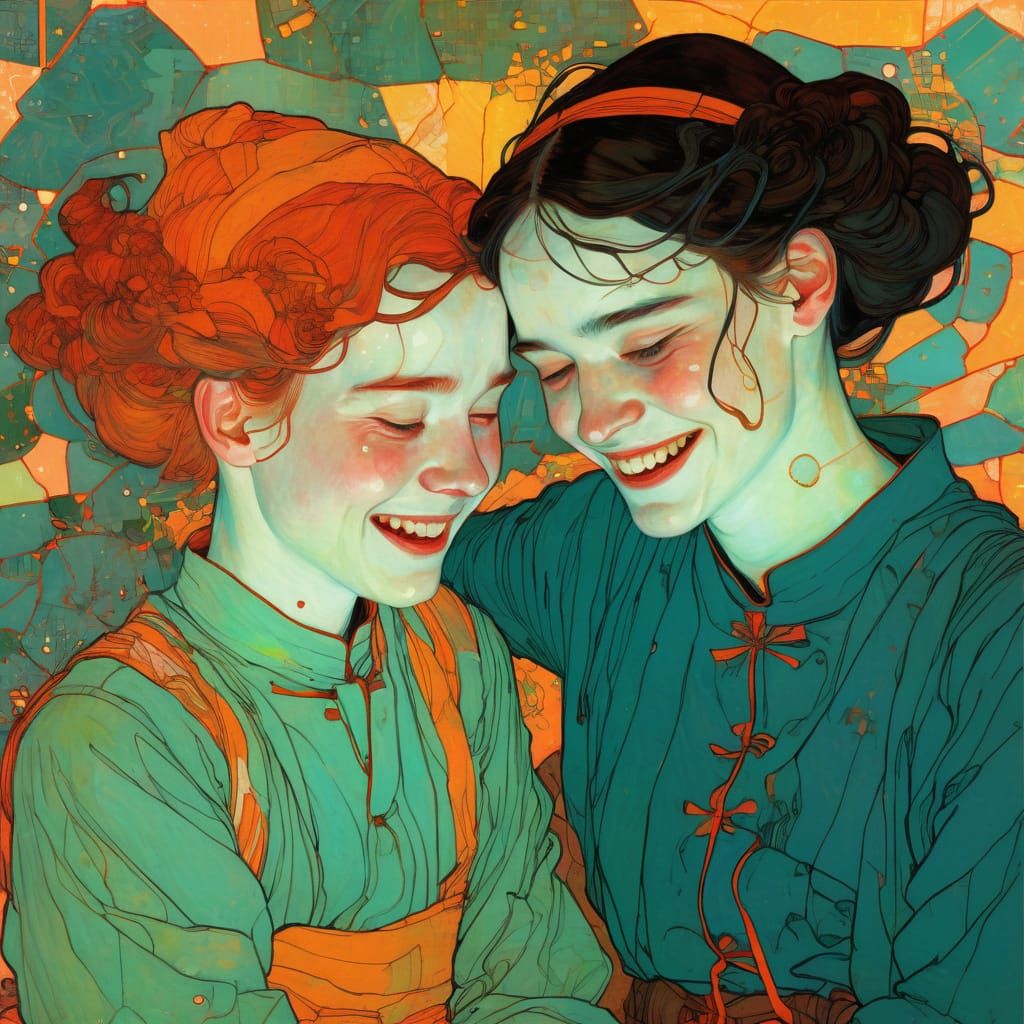 Laughing Sisters in Vibrant Neon and Pastel Colors