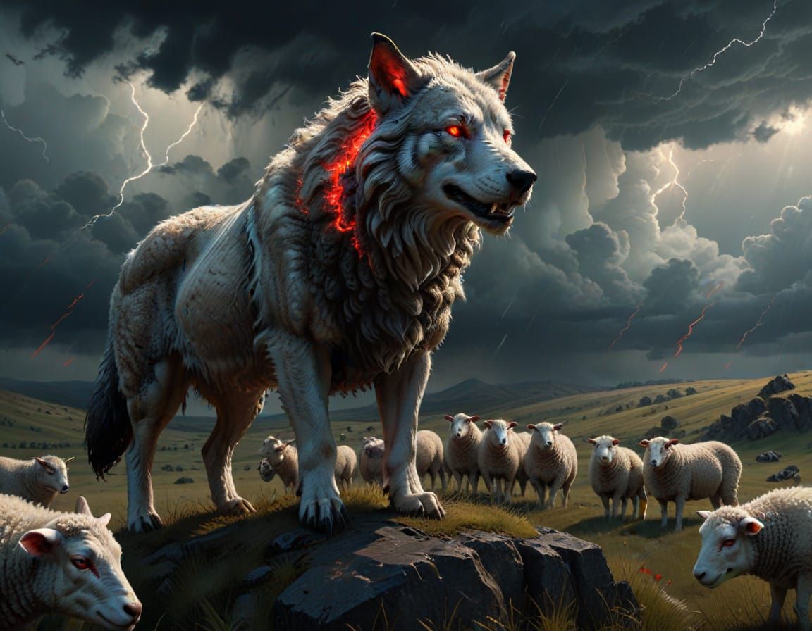 Cerberus Wolf Among Sheep in Stormy Pasture