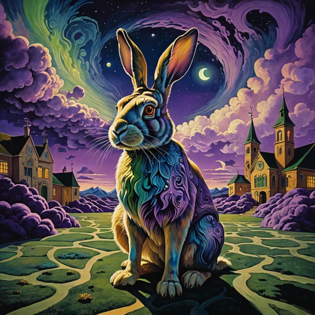Occult Rabbit in Surreal Iridescent Dreamscape
