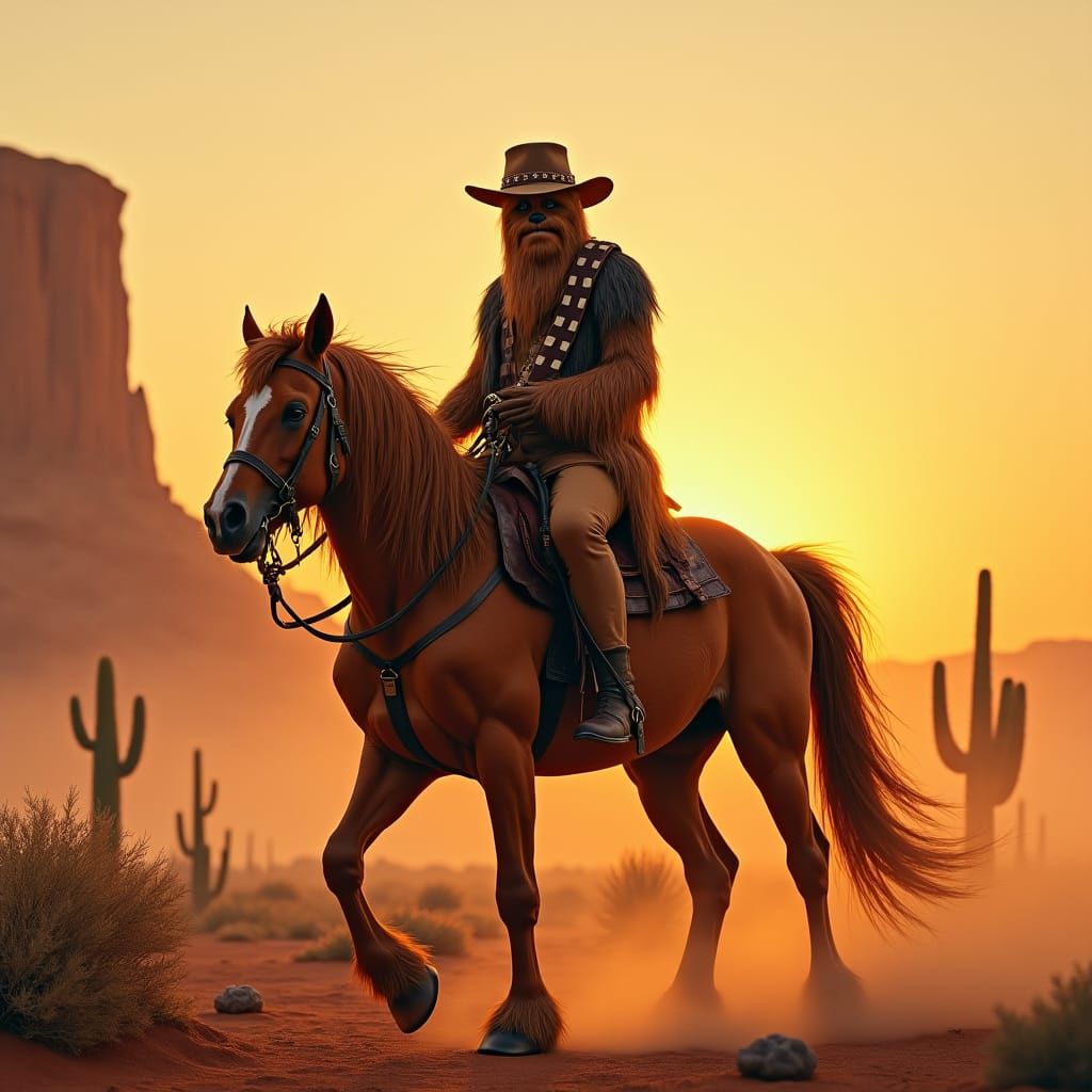 Chewbacca as Cowboy Riding Horse in Desert