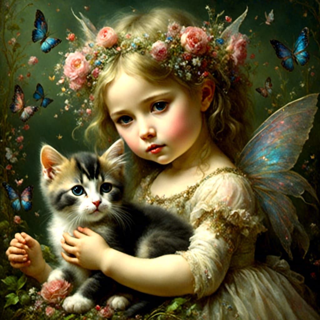Fairy and Kitten in Enchanted Garden