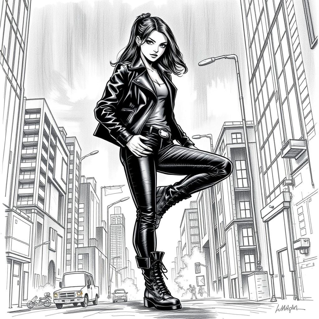 Dynamic Urban Female in Comic Book Pencils Style