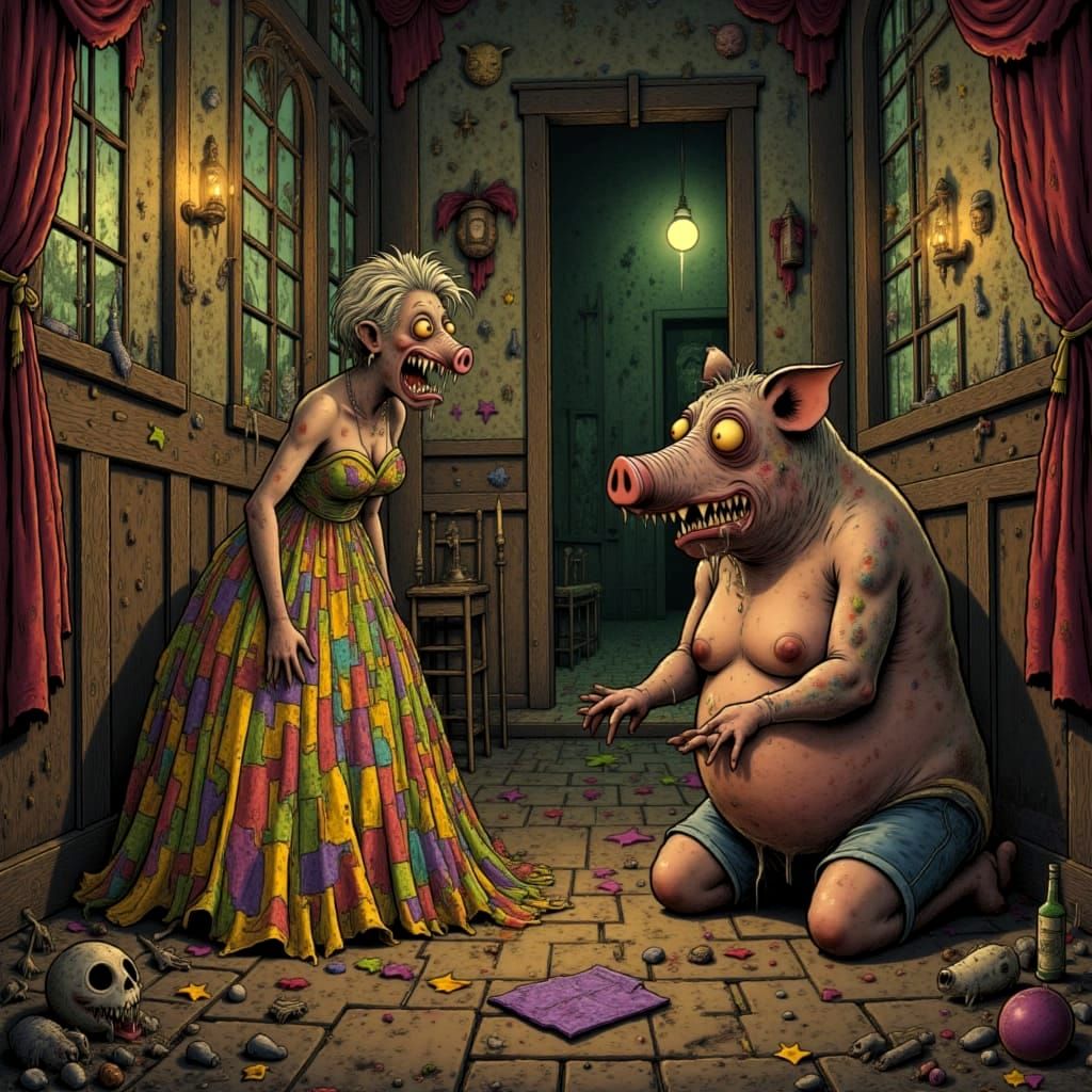 Surreal Oil Painting: Pig-Headed Man Adoring Woman in Staine...