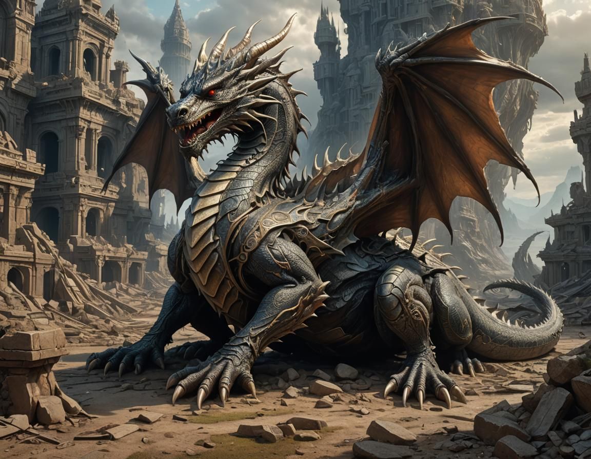 Dragon Sculpture on Alien Ruins: Detailed Fantasy Art