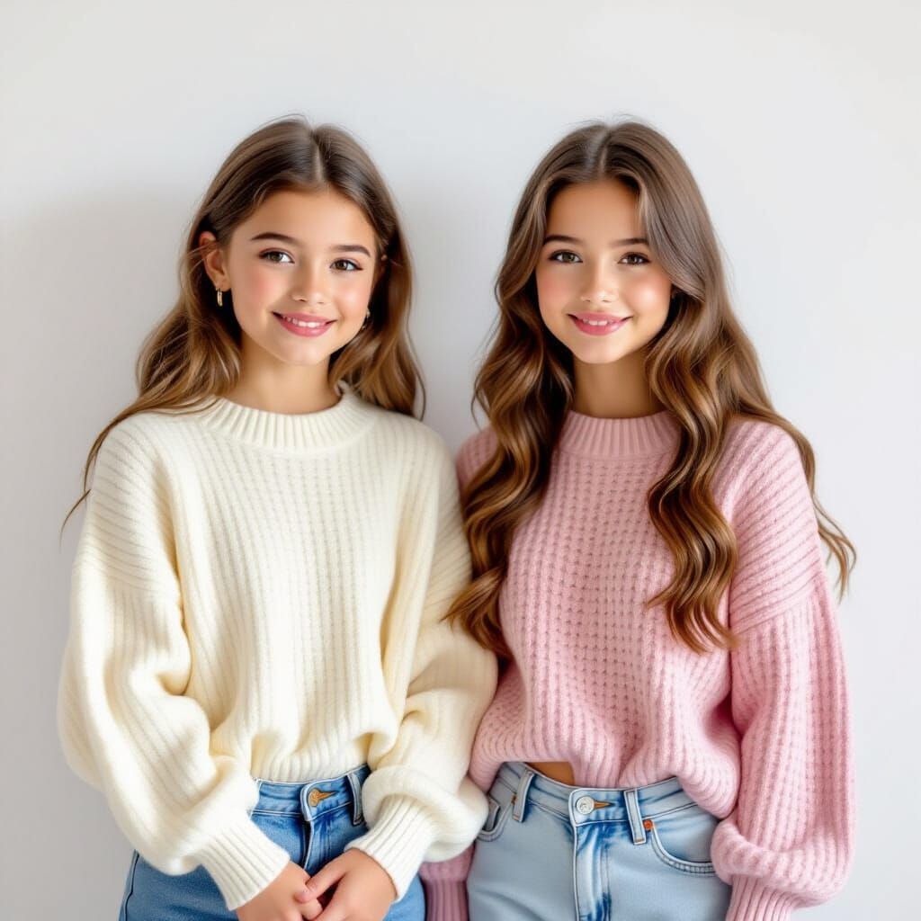 Three Identical Twin Girls in Matching Outfits