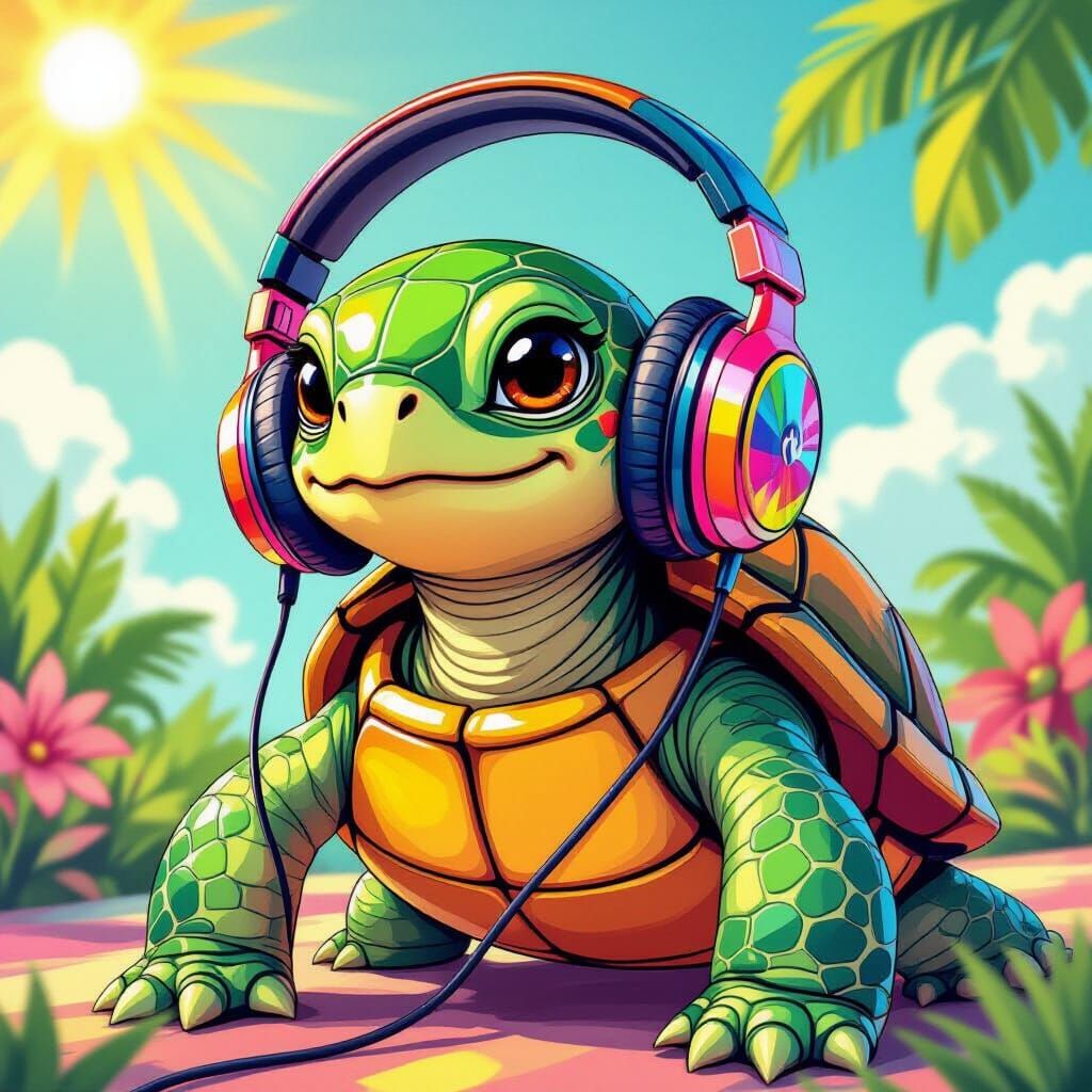Turtle Wearing Headphones in Contemporary Style
