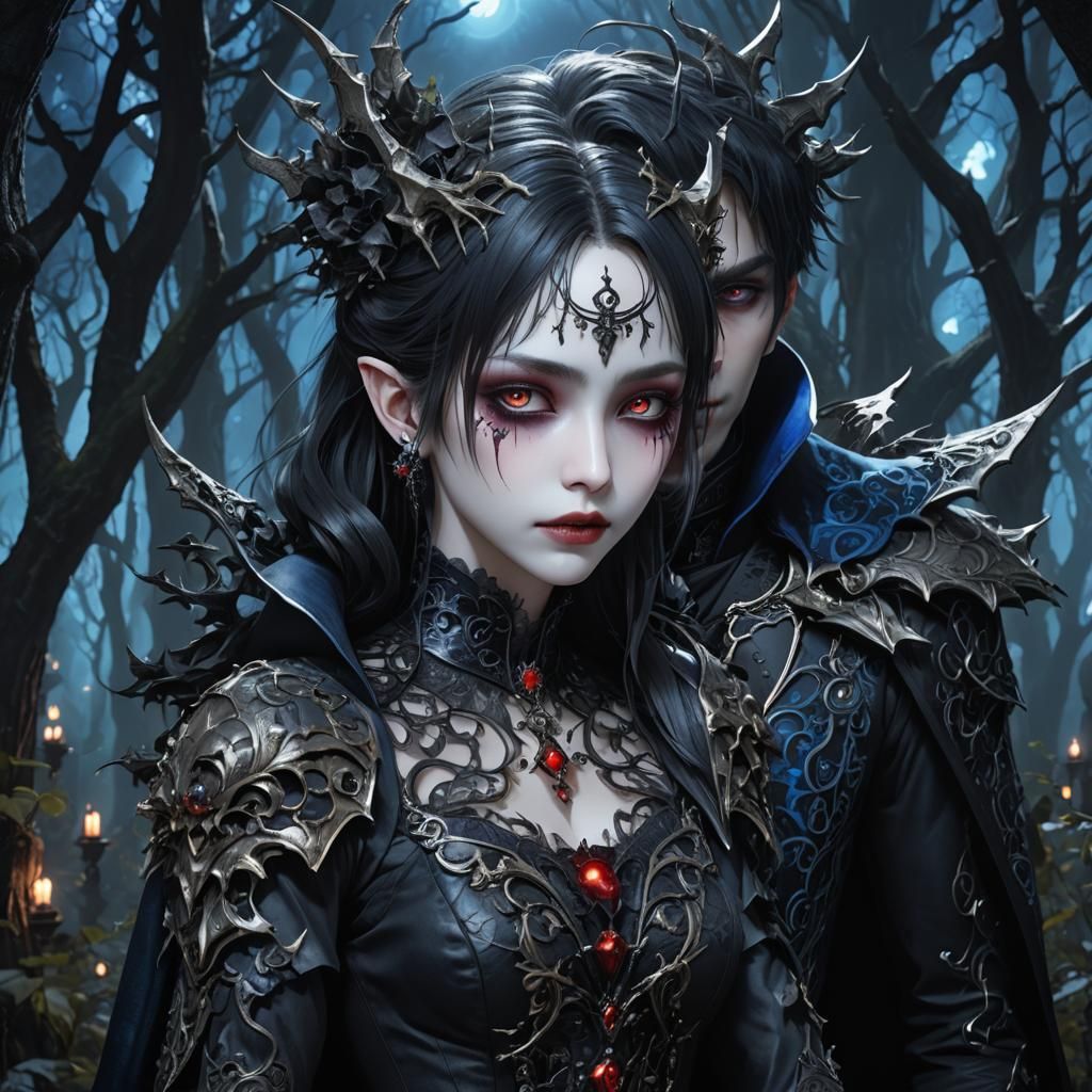 Vampire Embrace in Mystical Forest: Anime-Inspired 3D Art