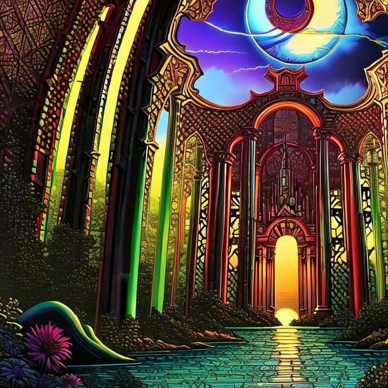 Stained Glass Temple: A Hyperrealistic Digital Landscape