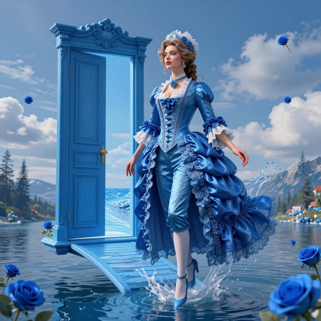 Azure Reverie: Fashionista in Surreal Dreamscape