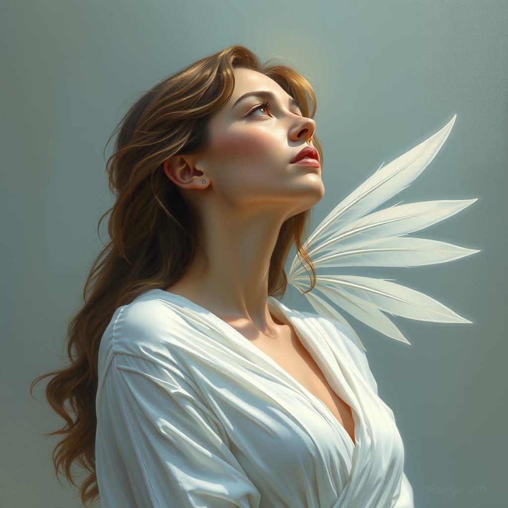 Angel Woman in White Dress in Lush Forest