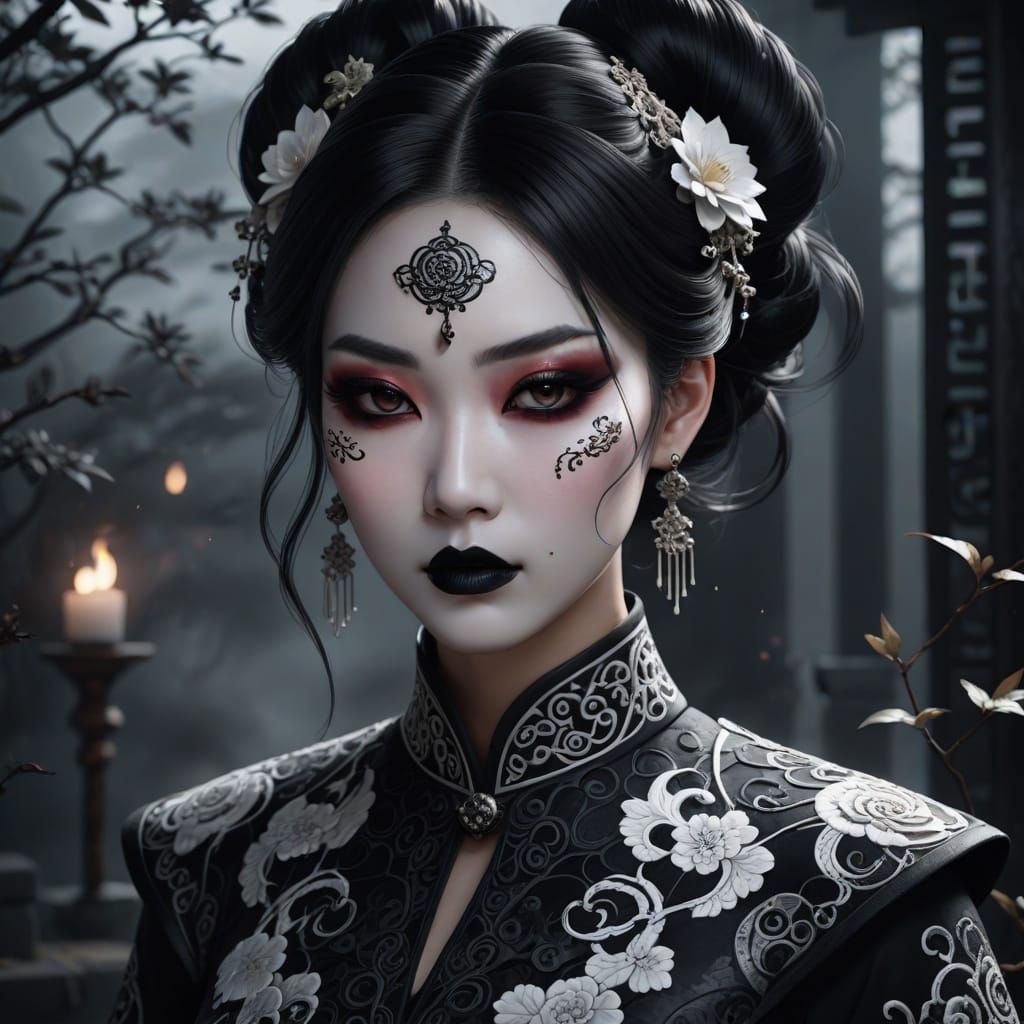 Goth Girl in Mystical Qipao, Dark Fantasy 3D Anime