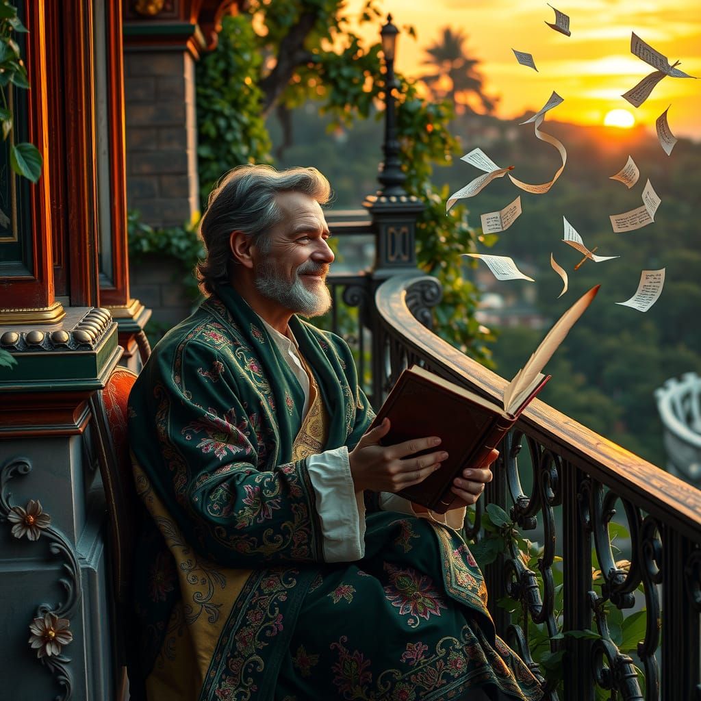 Poet in Whimsical Baroque Garden at Dusk